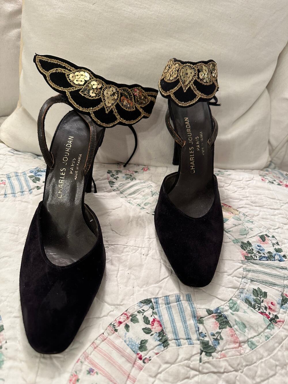 VINTAGE CHARLES JOURDAN PARIS SEQUIN ANKLE STRAP PUMPS SANDALS 4" HEEL SIZE 7B